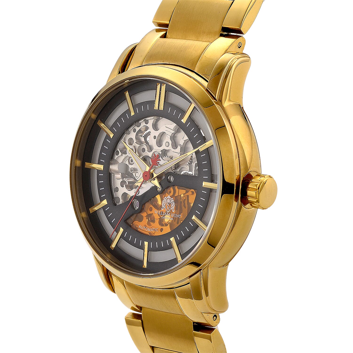 William Hunt London Limited Edition Automatic Skeleton Watch With 5 ATM Water Resistancy, Exhibition Back and Butterfly Buckle Clasp - 42MM Dial - Gold