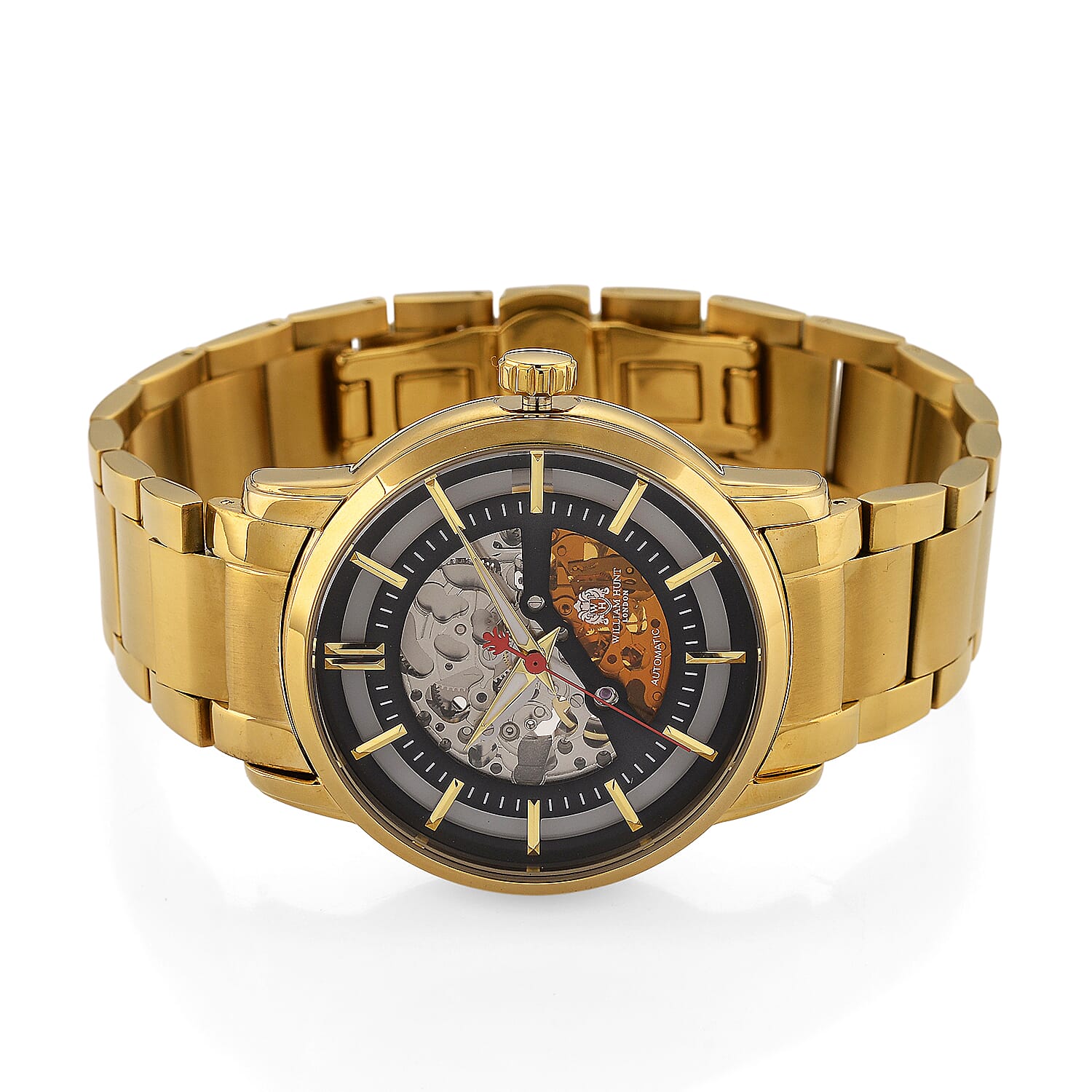 William Hunt London Limited Edition Automatic Skeleton Watch With 5 ATM Water Resistancy, Exhibition Back and Butterfly Buckle Clasp - 42MM Dial - Gold