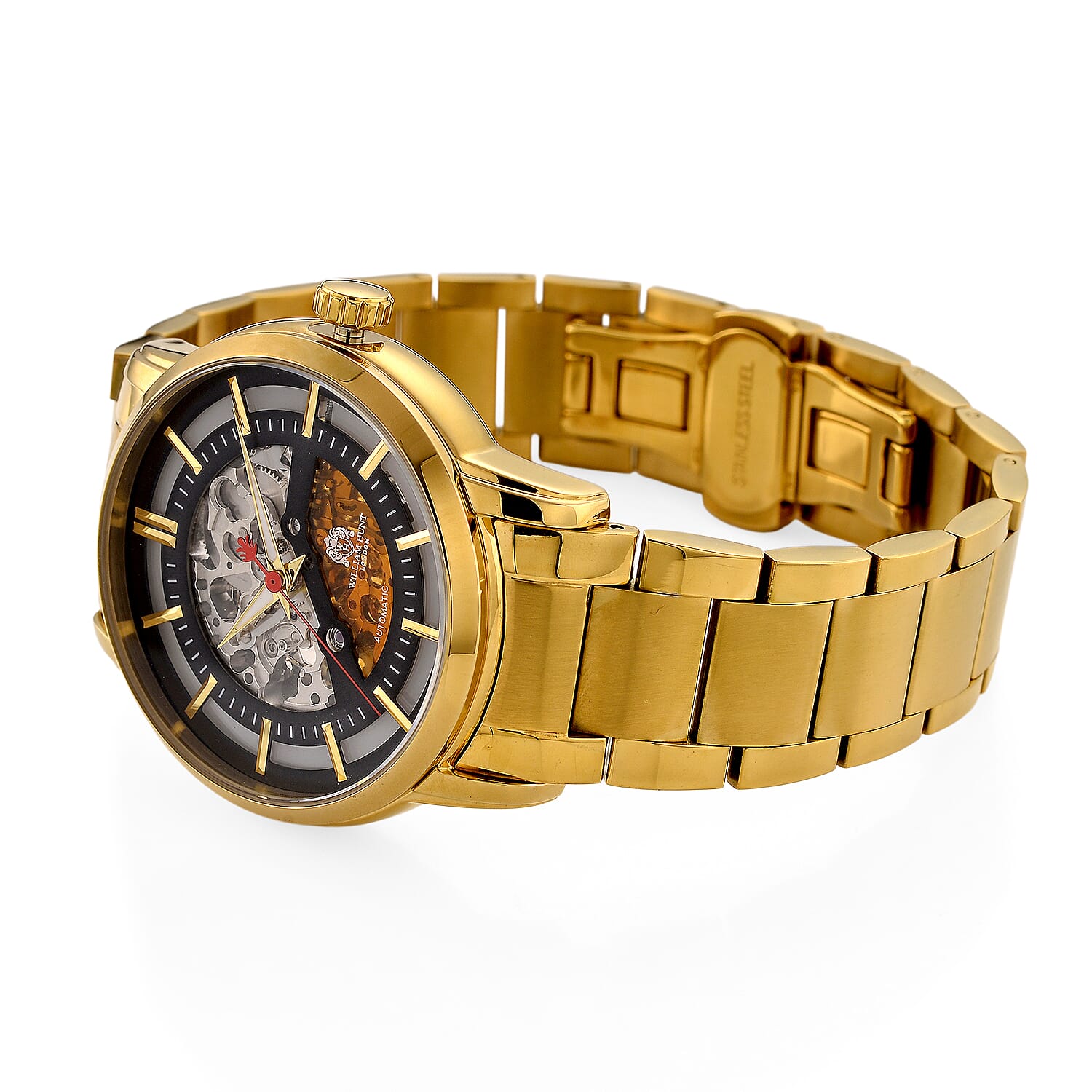 William Hunt London Limited Edition Automatic Skeleton Watch With 5 ATM Water Resistancy, Exhibition Back and Butterfly Buckle Clasp - 42MM Dial - Gold