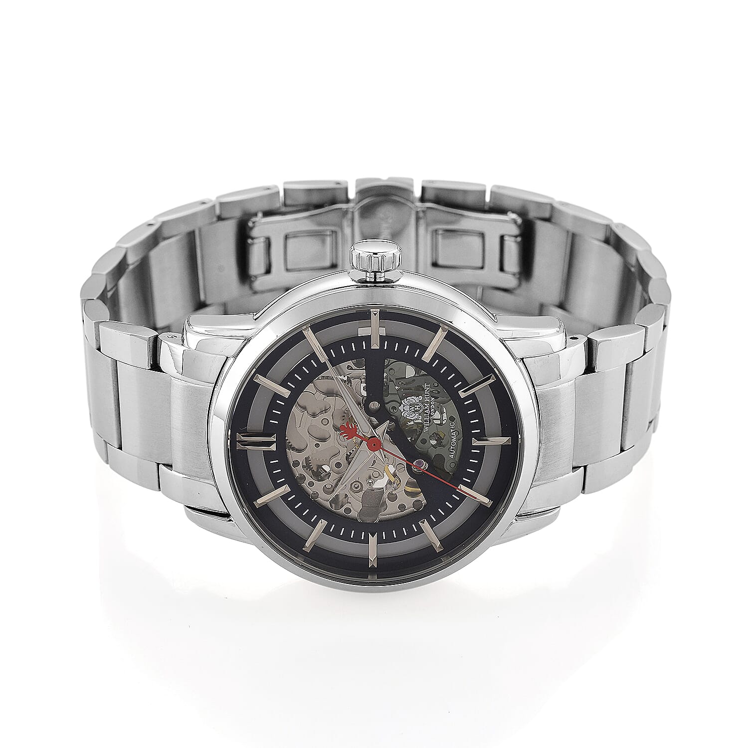 William Hunt London Limited Edition Automatic Skeleton Watch With 5 ATM Water Resistancy, Exhibition Back and Butterfly Buckle Clasp - 42MM Dial - White