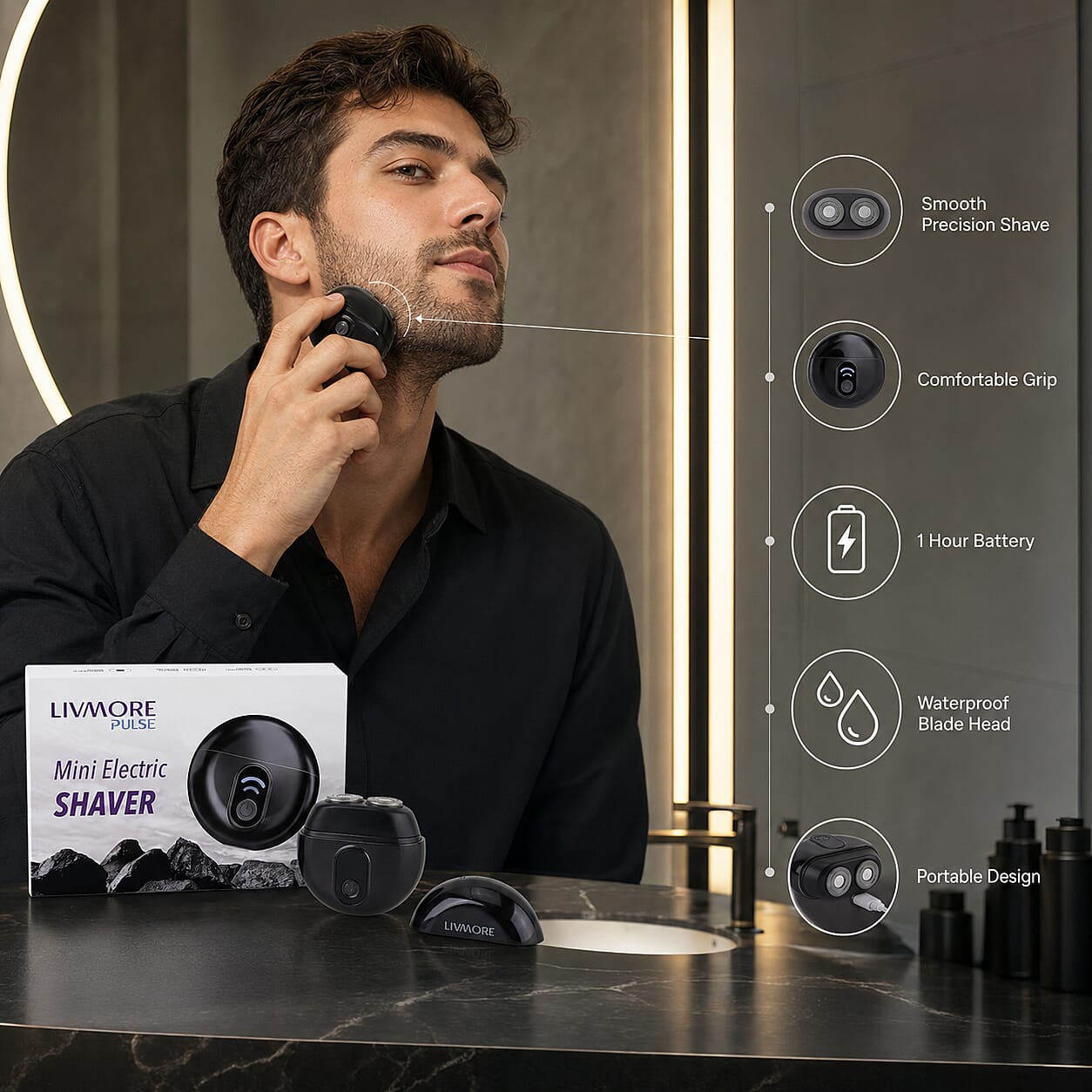 Livmore Electric Shaver - Black 3D Grinding Blade Head Washable IPX5 Waterproof High-Impact Plastic Housing, Cordless 400mAh Battery 1-Hour Fast Charge 1-Hour Run Time