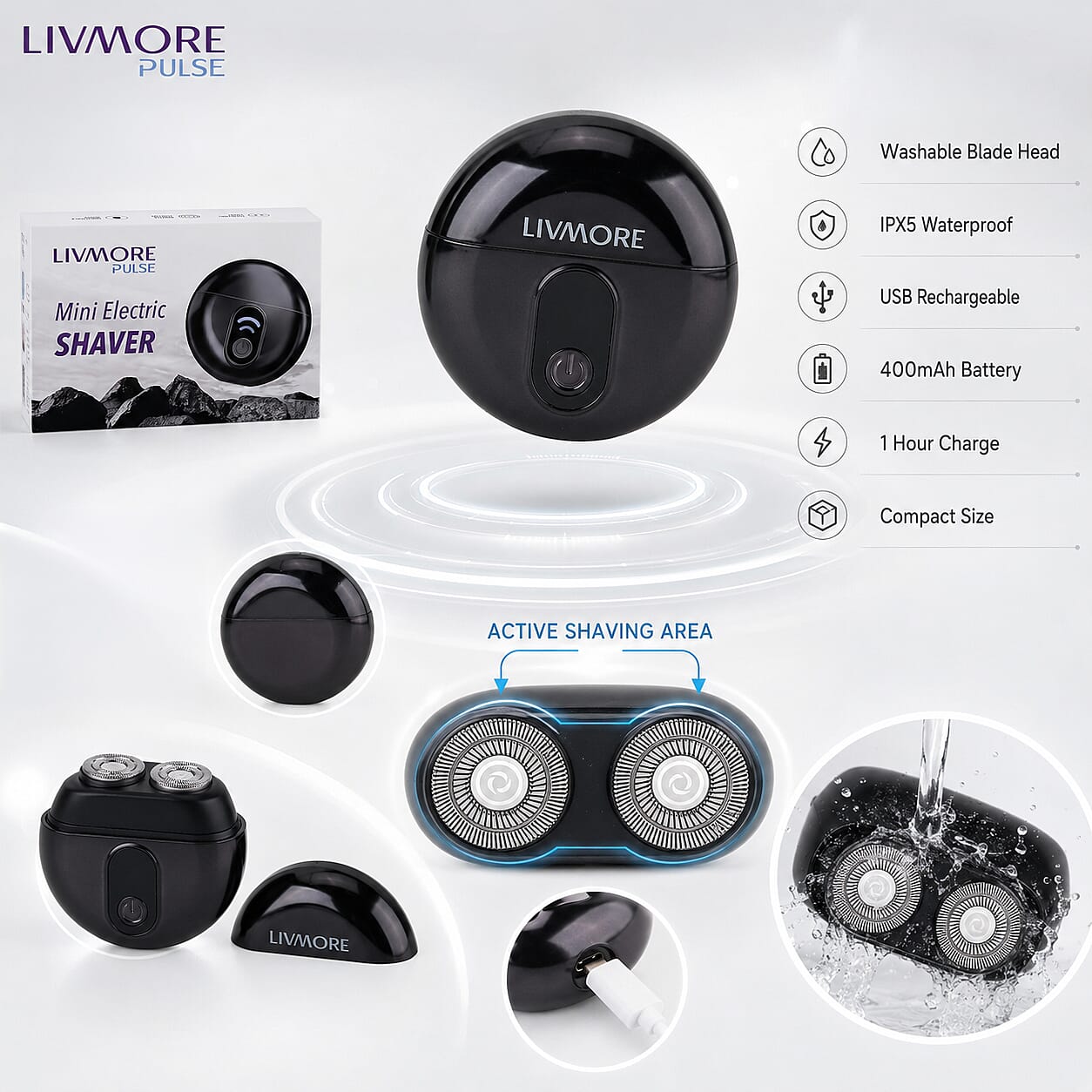 Livmore Electric Shaver - Black 3D Grinding Blade Head Washable IPX5 Waterproof High-Impact Plastic Housing, Cordless 400mAh Battery 1-Hour Fast Charge 1-Hour Run Time