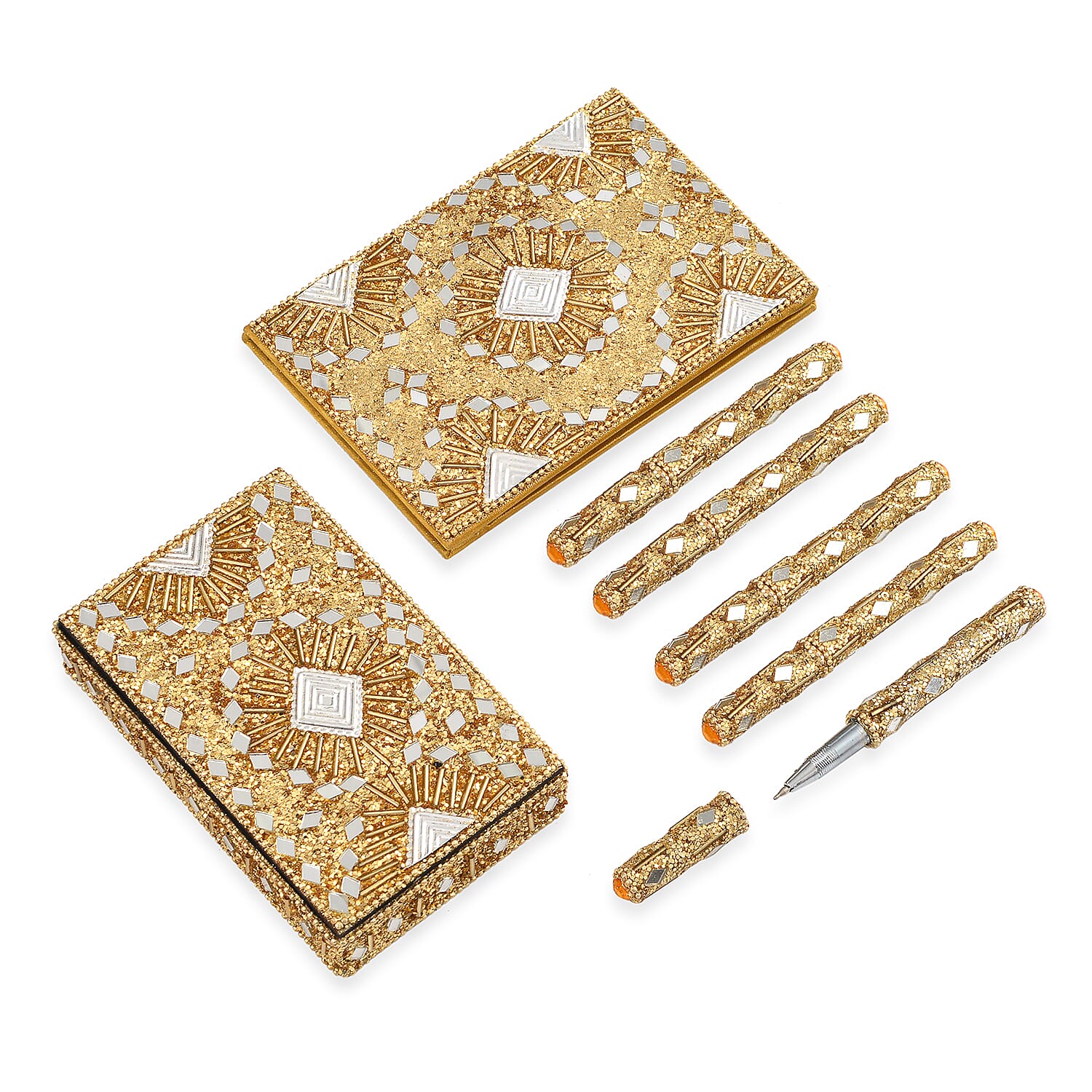 Livmore 6-Piece Beaded Stationery Gift Set (inc. 1 x Decorative Box, 5 x Pens, & 1 x Diary) - Gold