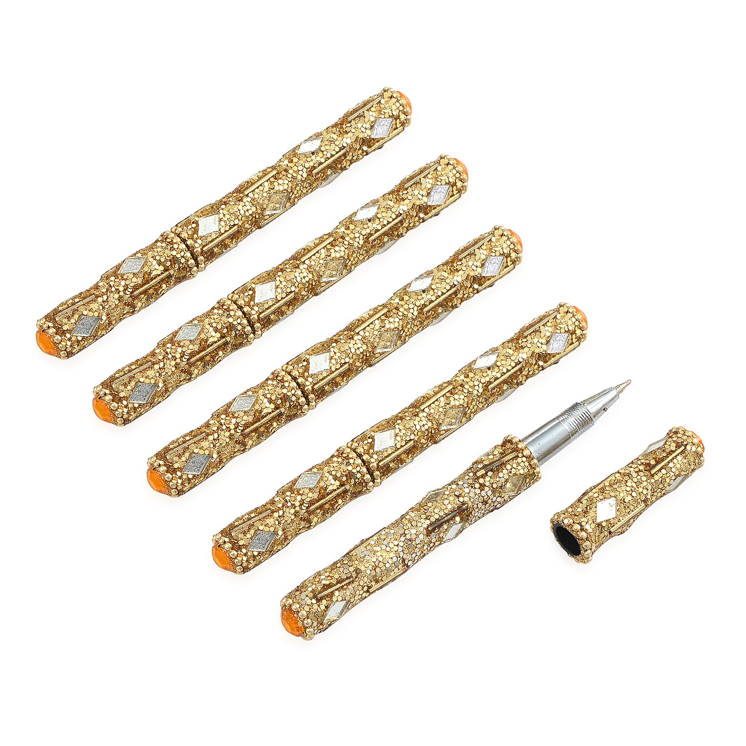 Livmore 6-Piece Beaded Stationery Gift Set (inc. 1 x Decorative Box, 5 x Pens, & 1 x Diary) - Gold