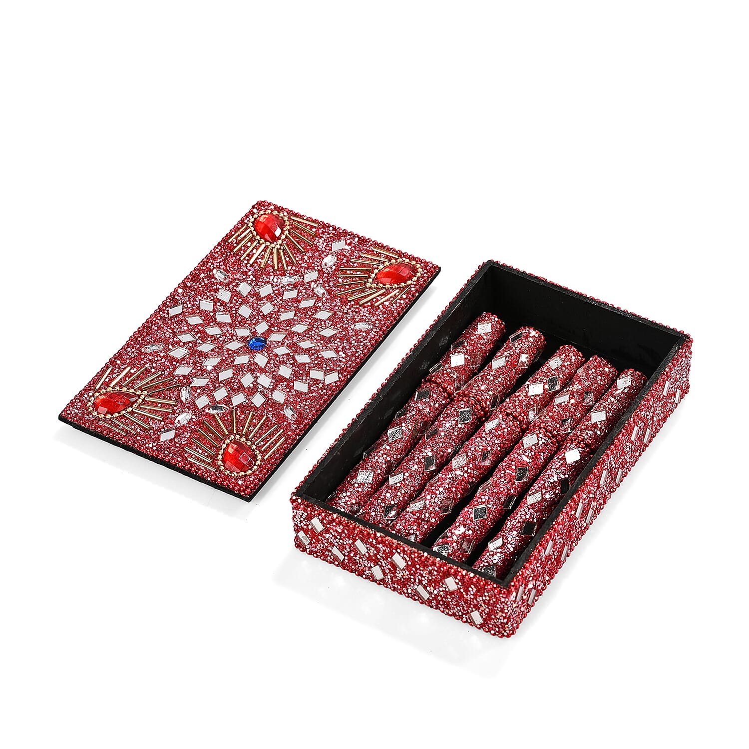 Livmore 6-Piece Beaded Stationery Gift Set (inc. 1 x Decorative Box, 5 x Pens, & 1 x Diary) - Red