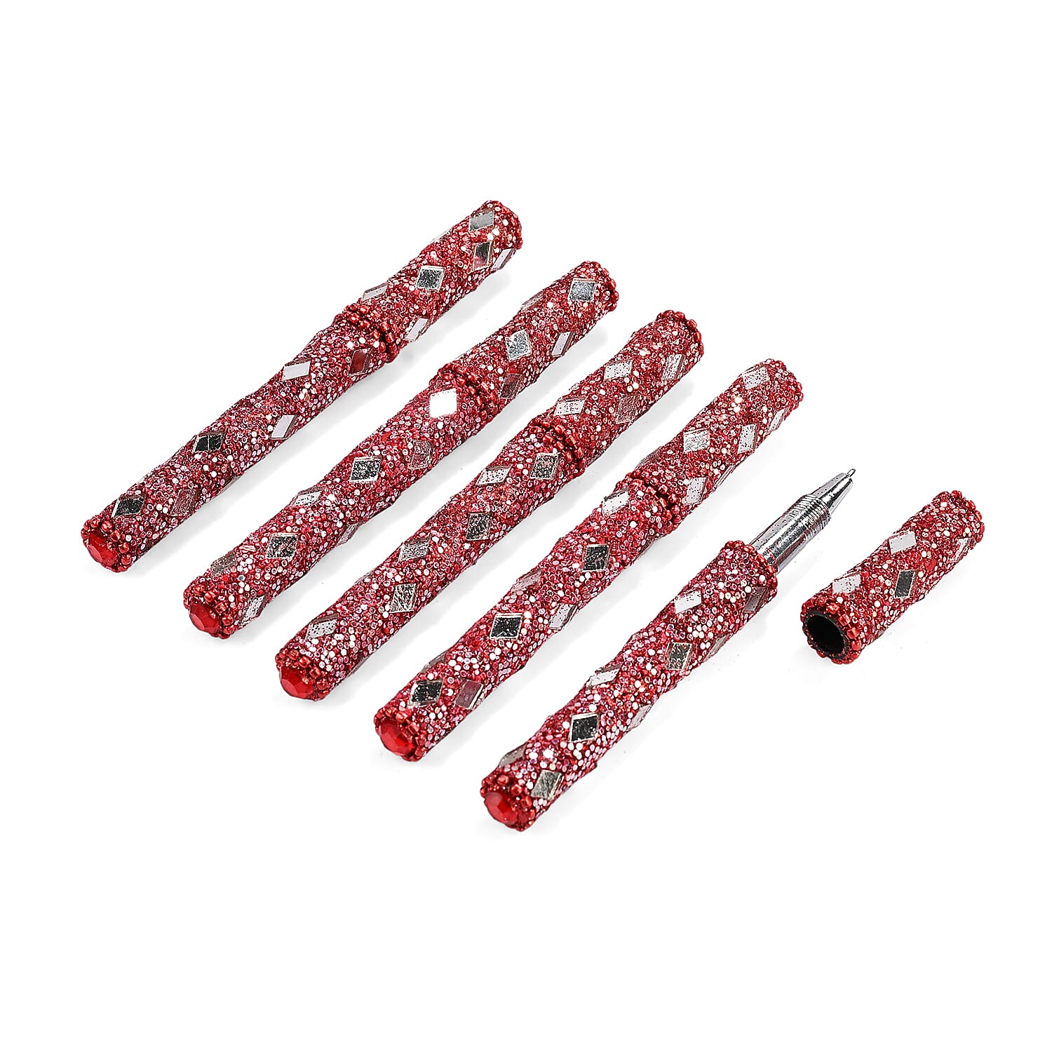 Livmore 6-Piece Beaded Stationery Gift Set (inc. 1 x Decorative Box, 5 x Pens, & 1 x Diary) - Red