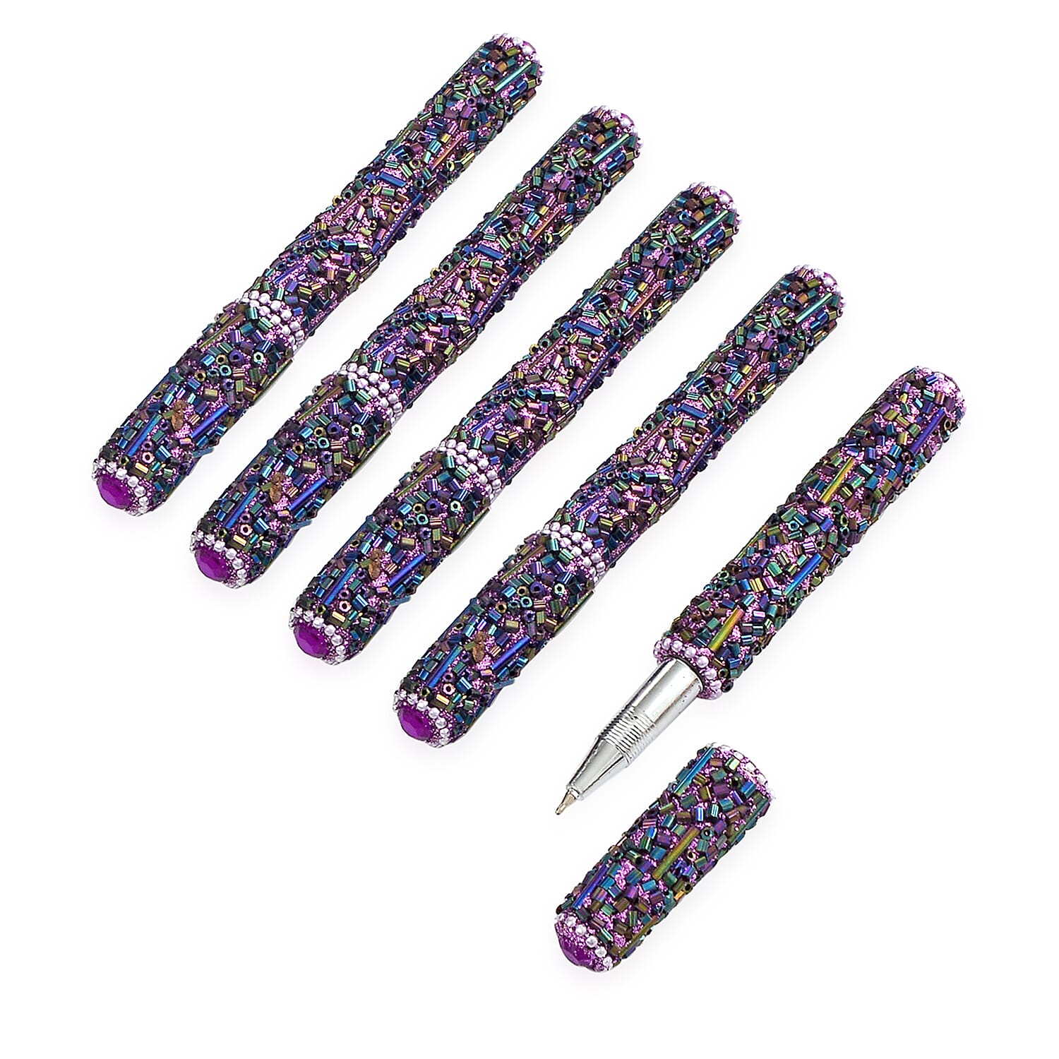 Livmore 6-Piece Beaded Stationery Gift Set (inc. 1 x Decorative Box, 5 x Pens, & 1 x Diary) - Purple