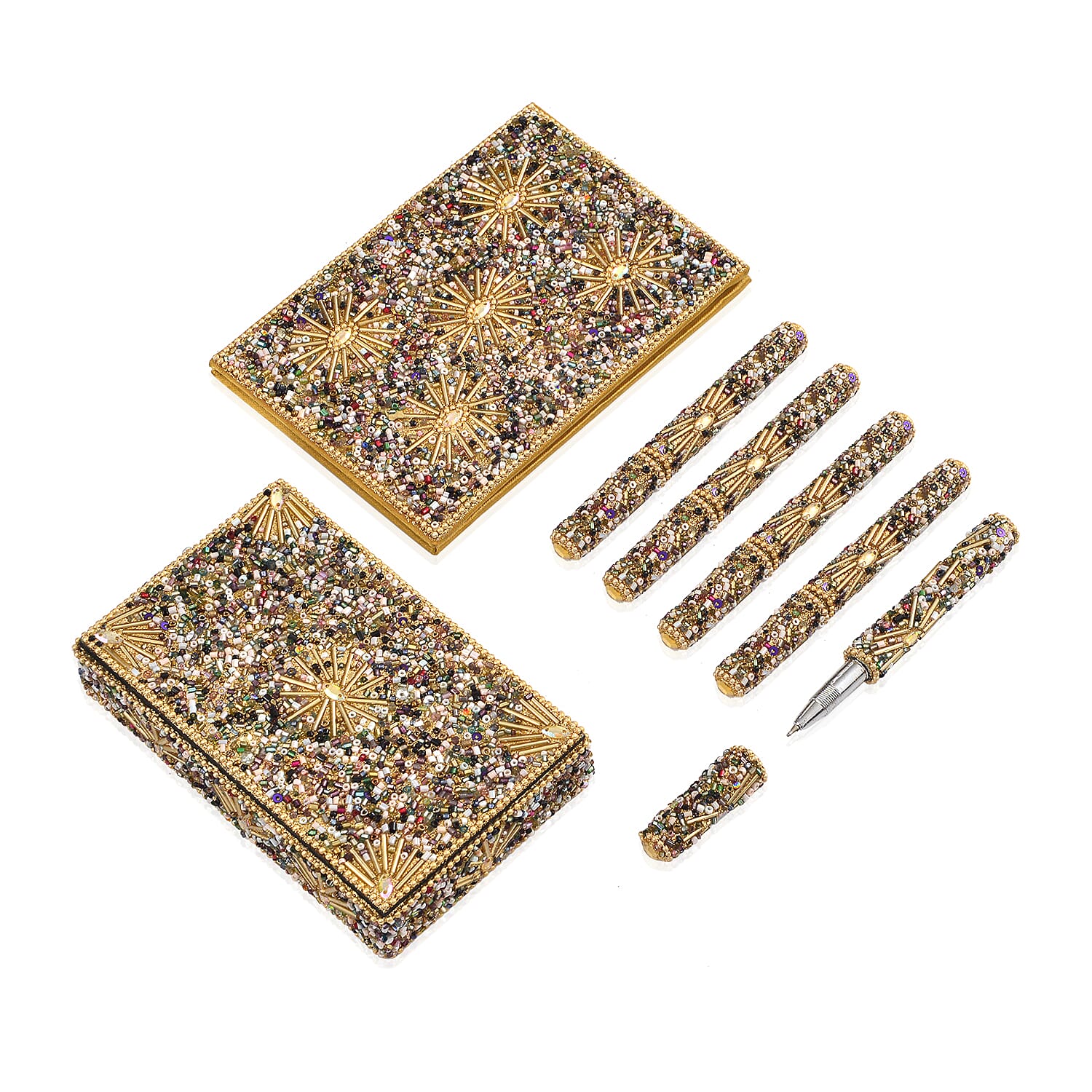 Livmore 6-Piece Beaded Stationery Gift Set (inc. 1 x Decorative Box, 5 x Pens, & 1 x Diary) - Gold & Multi
