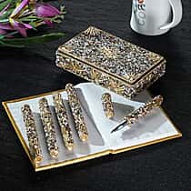Livmore 6-Piece Beaded Stationery Gift Set (inc. 1 x Decorative Box, 5 x Pens, & 1 x Diary) - Gold & Multi