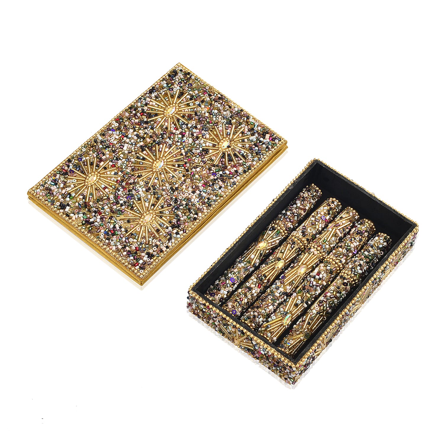 Livmore 6-Piece Beaded Stationery Gift Set (inc. 1 x Decorative Box, 5 x Pens, & 1 x Diary) - Gold & Multi