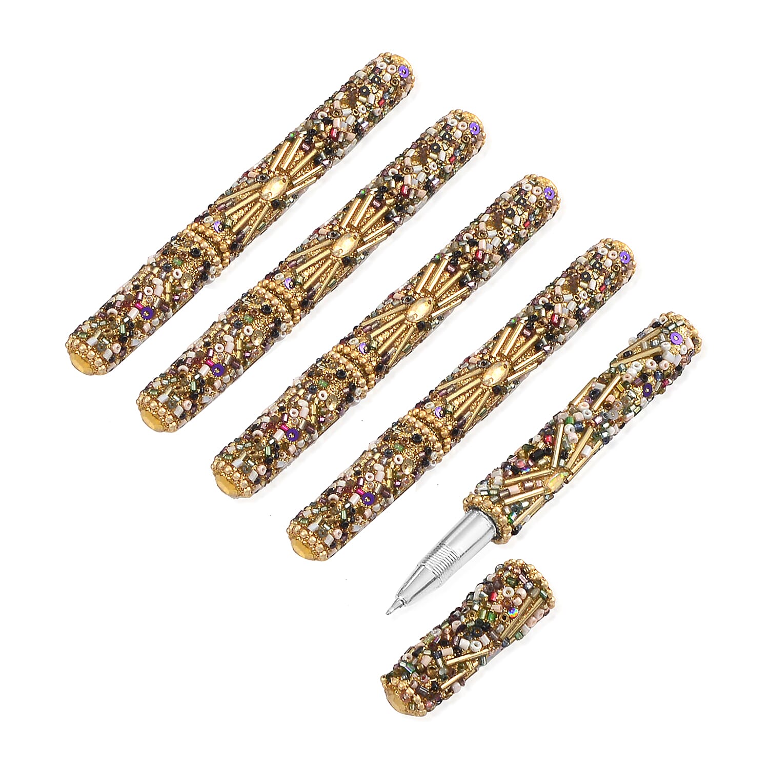 Livmore 6-Piece Beaded Stationery Gift Set (inc. 1 x Decorative Box, 5 x Pens, & 1 x Diary) - Gold & Multi