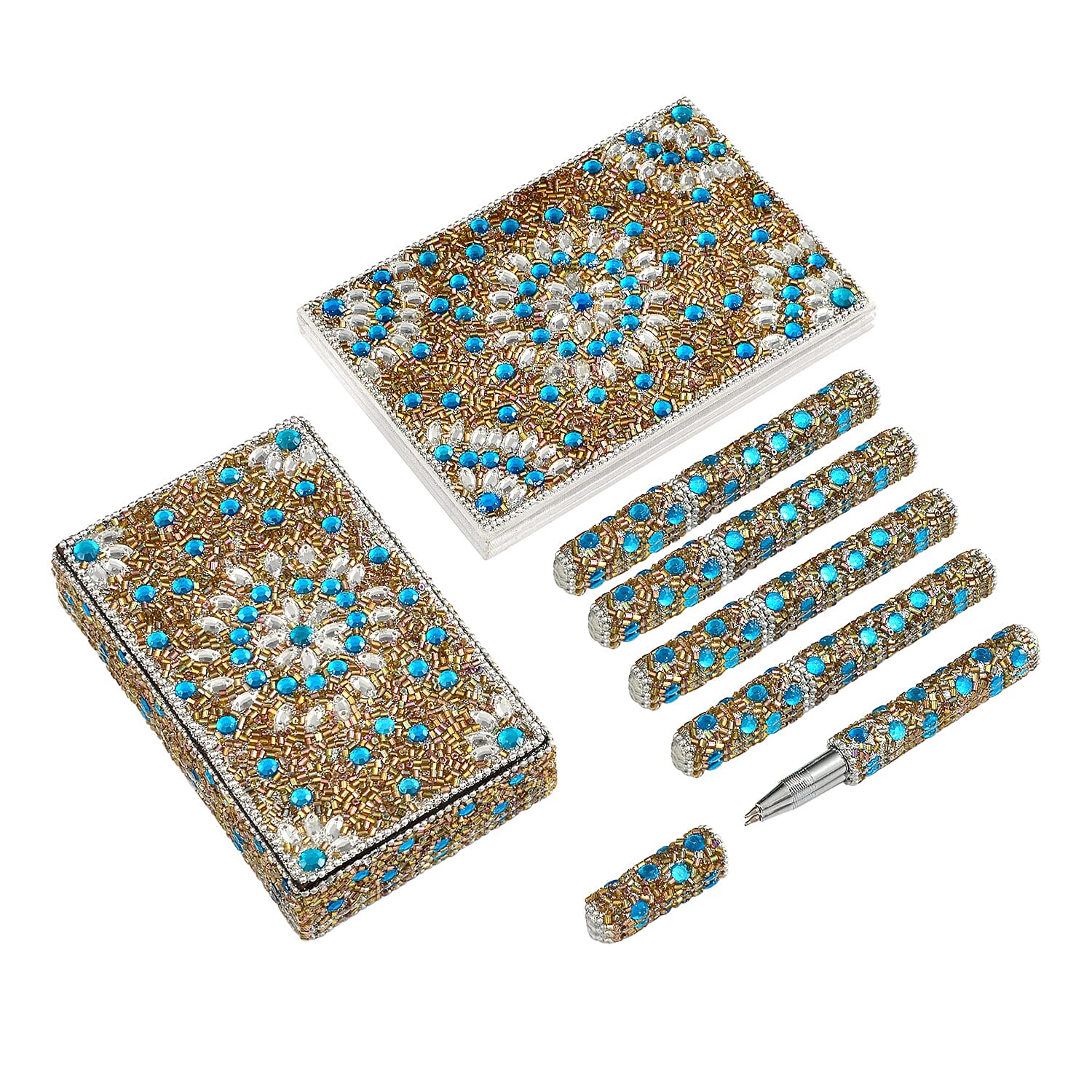 Livmore 6-Piece Beaded Stationery Gift Set (inc. 1 x Decorative Box, 5 x Pens, & 1 x Diary) - Silver & Blue