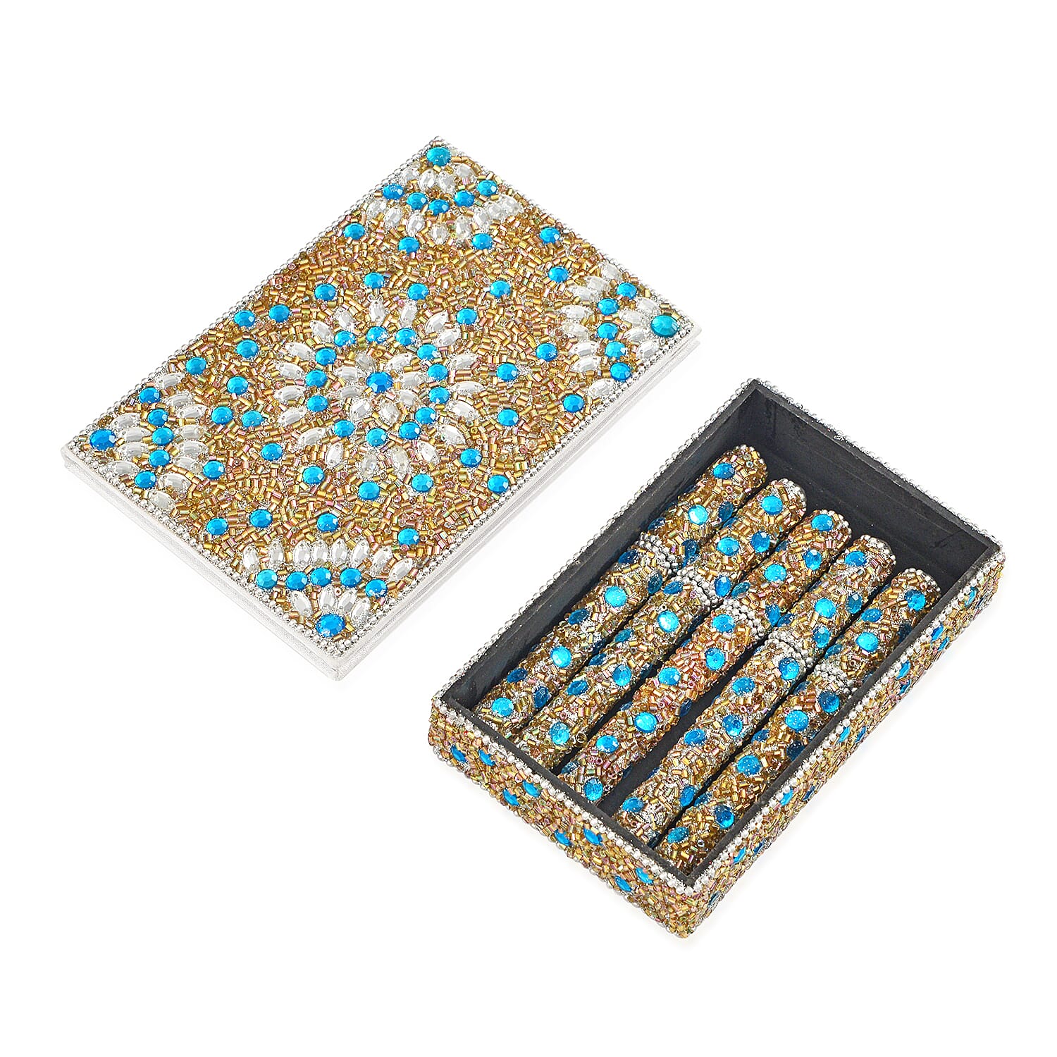 Livmore 6-Piece Beaded Stationery Gift Set (inc. 1 x Decorative Box, 5 x Pens, & 1 x Diary) - Silver & Blue