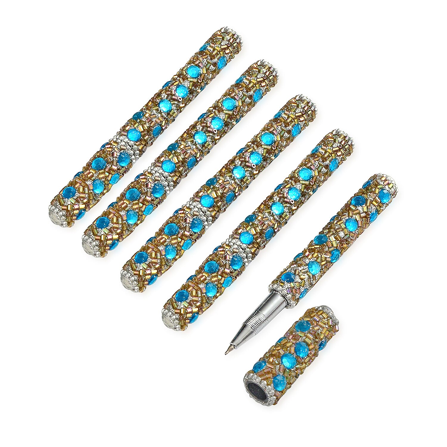 Livmore 6-Piece Beaded Stationery Gift Set (inc. 1 x Decorative Box, 5 x Pens, & 1 x Diary) - Silver & Blue