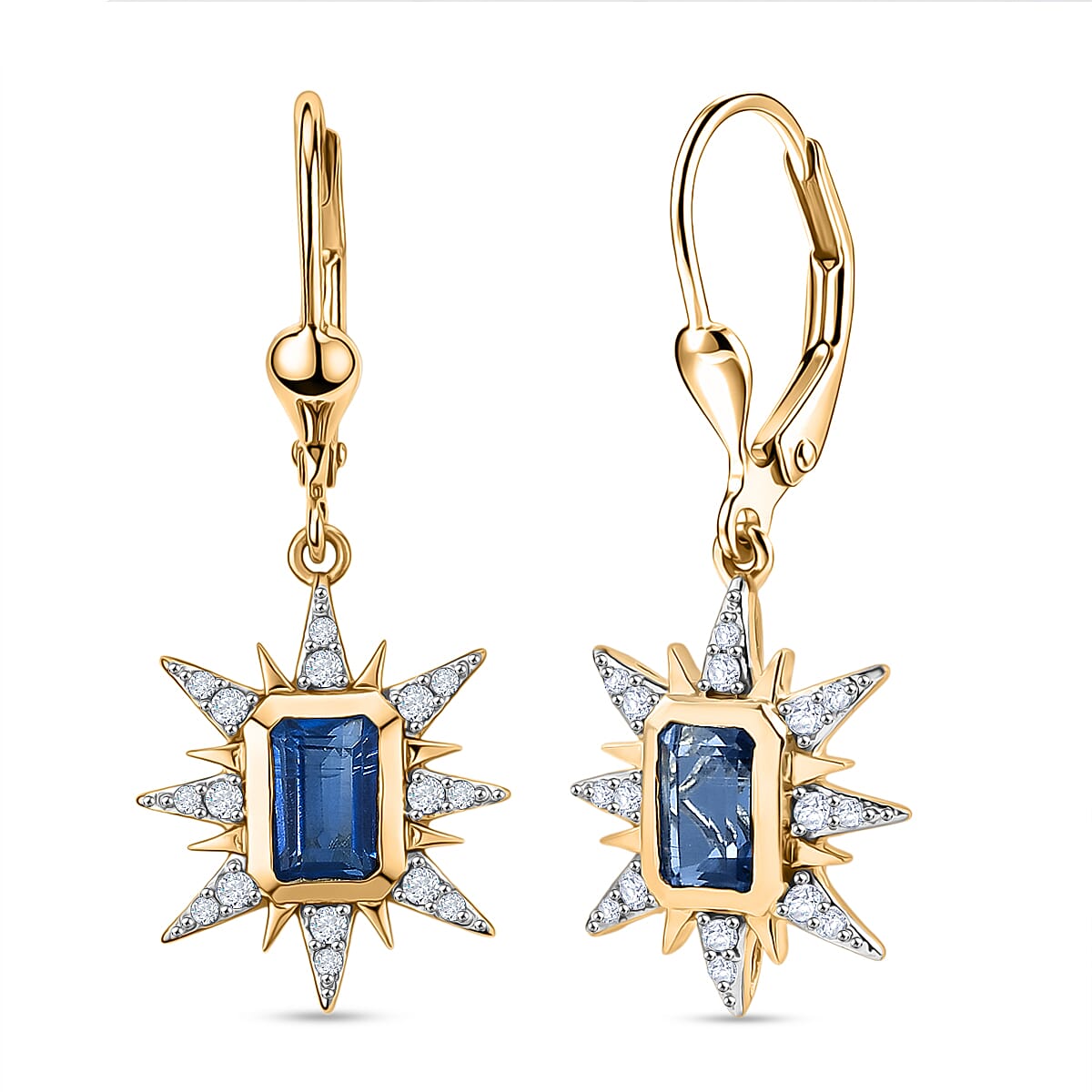 D'Joy AAA Natural Kashmir Kyanite & White Zircon Dangling Earring with Lever Back in Yellow Gold Plated Sterling Silver 1.82 Ct.