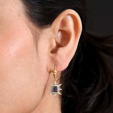 D'Joy AAA Natural Kashmir Kyanite & White Zircon Dangling Earring with Lever Back in Yellow Gold Plated Sterling Silver 1.82 Ct.