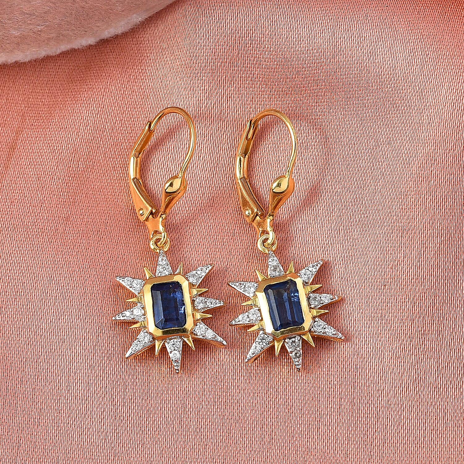 D'Joy AAA Natural Kashmir Kyanite & White Zircon Dangling Earring with Lever Back in Yellow Gold Plated Sterling Silver 1.82 Ct.