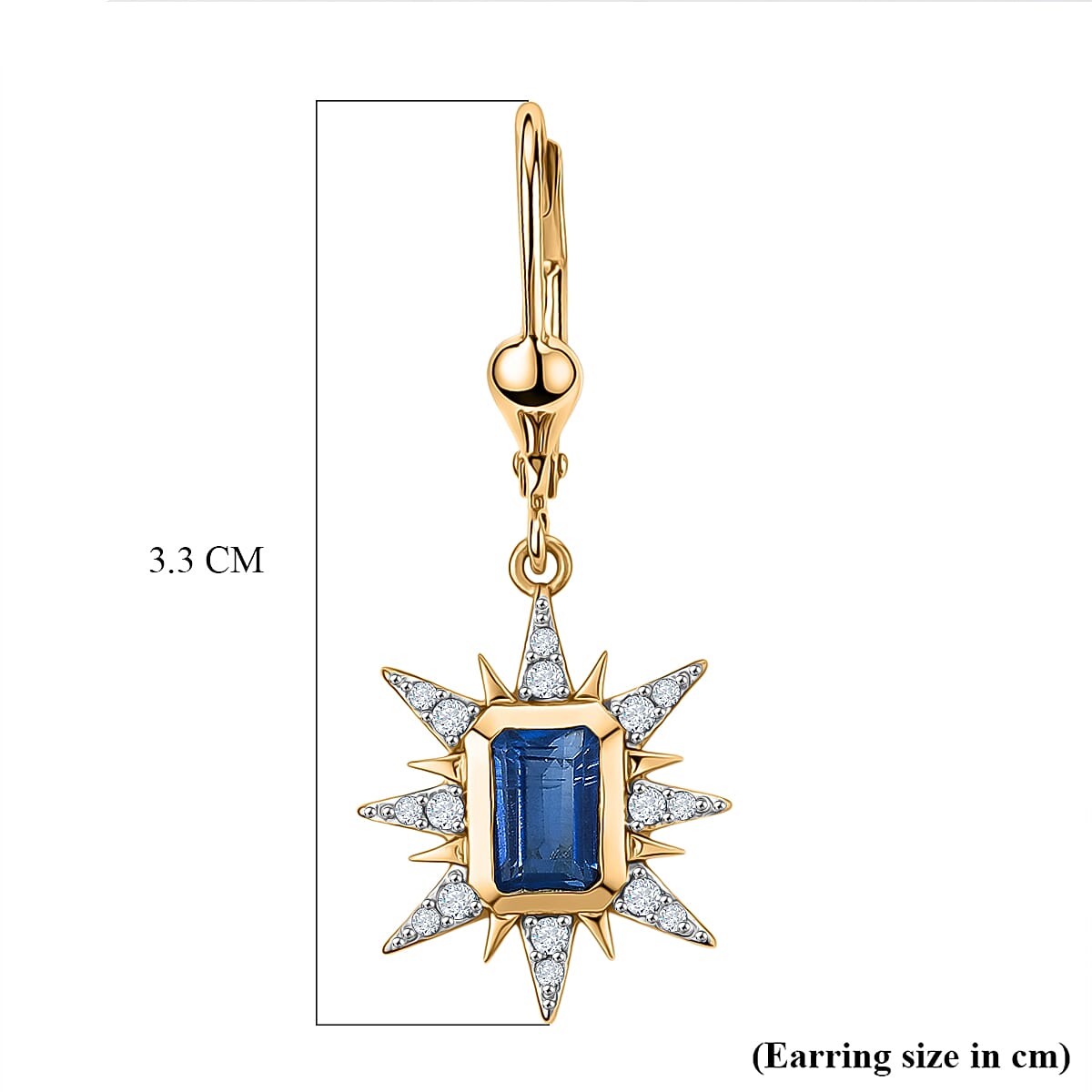 D'Joy AAA Natural Kashmir Kyanite & White Zircon Dangling Earring with Lever Back in Yellow Gold Plated Sterling Silver 1.82 Ct.