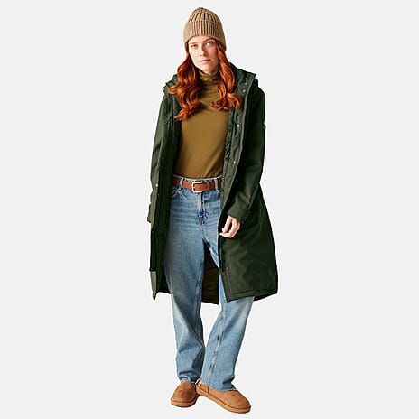 Regatta Womens Long-Length Waterproof Insulated Jacket With Adjustable Shockcord, Patch Pockets - Fleece Lined Hood (Size 18) - Dark Khaki