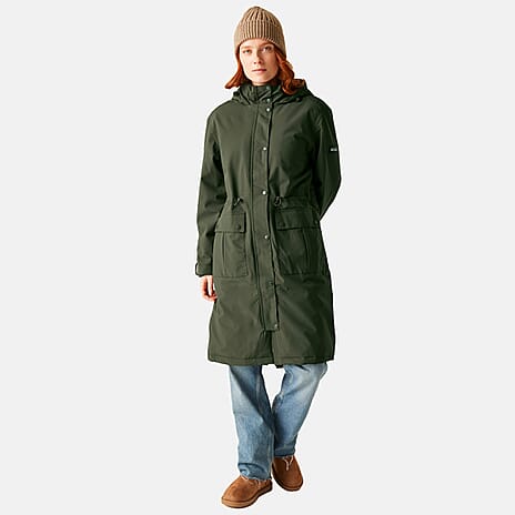 Regatta Womens Long-Length Waterproof Insulated Jacket With Adjustable Shockcord, Patch Pockets - Fleece Lined Hood (Size 18) - Dark Khaki