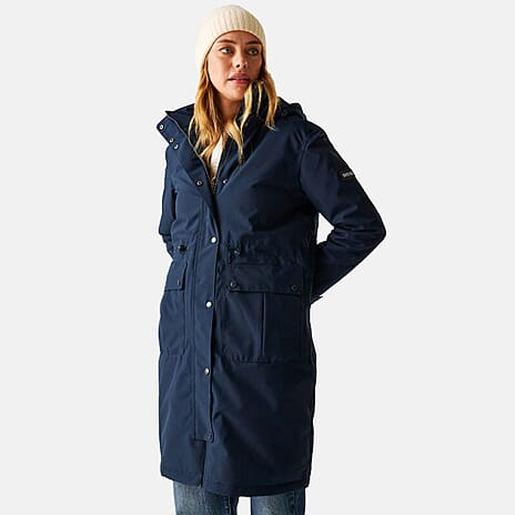 Regatta Womens Long-Length Waterproof Insulated Jacket With Adjustable Shockcord, Patch Pockets - Fleece Lined Hood (Size 12) - Navy