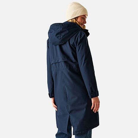 Regatta Womens Long-Length Waterproof Insulated Jacket With Adjustable Shockcord, Patch Pockets - Fleece Lined Hood (Size 16) - Navy