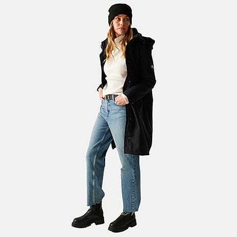 Regatta Womens Long-Length Waterproof Insulated Jacket With Adjustable Shockcord, Patch Pockets - Fleece Lined Hood (Size 12) - Black