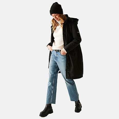 Regatta Womens Long-Length Waterproof Insulated Jacket With Adjustable Shockcord, Patch Pockets - Fleece Lined Hood (Size 12) - Black