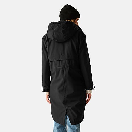 Regatta Womens Long-Length Waterproof Insulated Jacket With Adjustable Shockcord, Patch Pockets - Fleece Lined Hood (Size 12) - Black