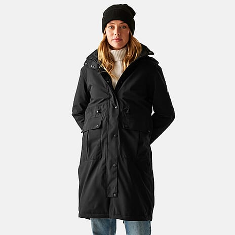 Regatta Womens Long-Length Waterproof Insulated Jacket With Adjustable Shockcord, Patch Pockets - Fleece Lined Hood (Size 16) - Black