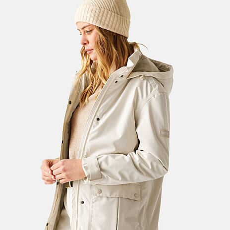 Regatta Womens Long-Length Waterproof Insulated Jacket With Adjustable Shockcord, Patch Pockets - Fleece Lined Hood (Size 18) - Beige