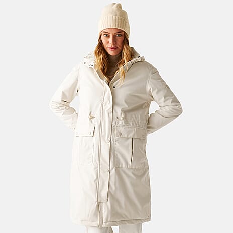 Regatta Womens Long-Length Waterproof Insulated Jacket With Adjustable Shockcord, Patch Pockets - Fleece Lined Hood (Size 20) - Beige