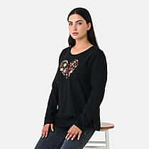 La Marey Cotton Floral Heart Embroidered full Sleve T-Shirt (Size S, 8 to 10) - Black