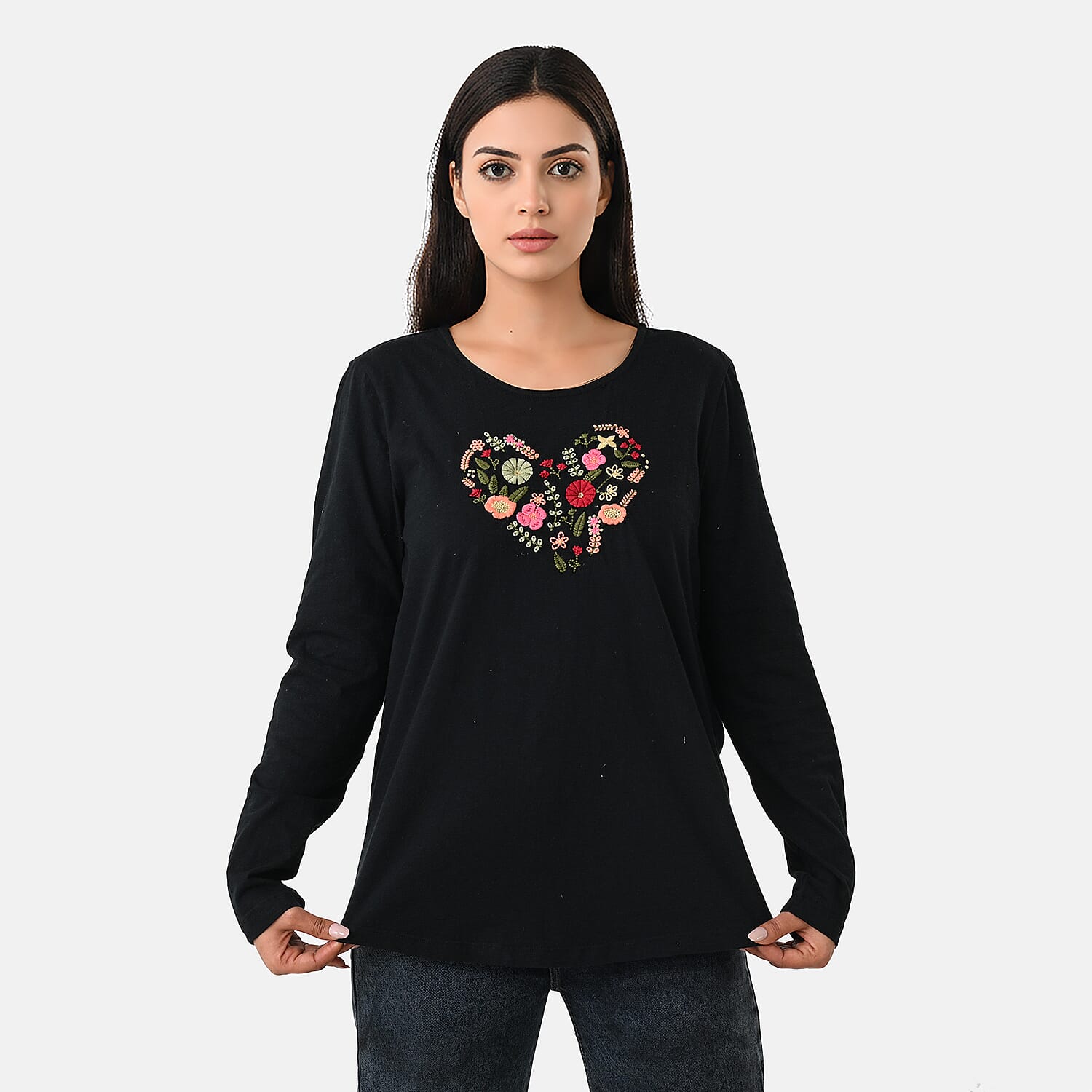 La Marey Cotton Floral Heart Embroidered&nbsp;Full Sleeves T-Shirt 