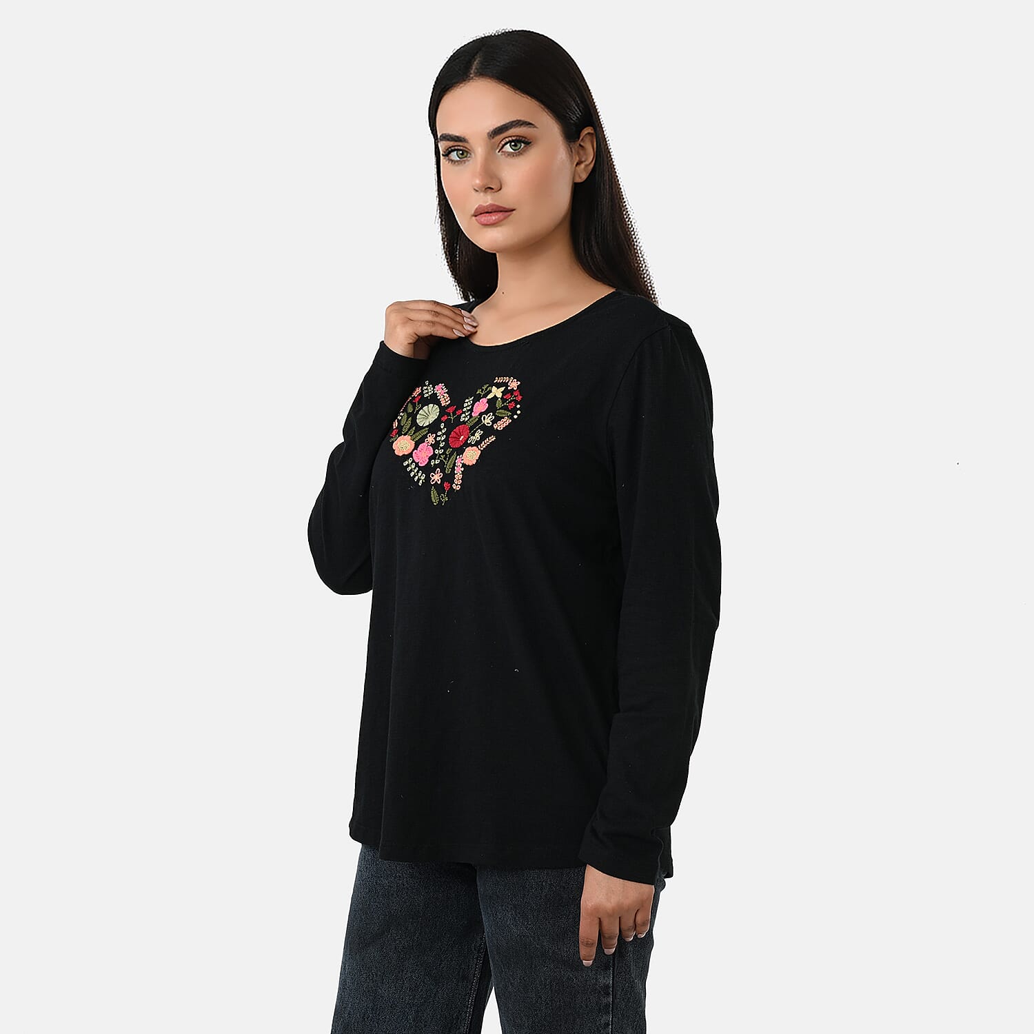 La Marey Cotton Floral Heart Embroidered&nbsp;Full Sleeves T-Shirt 
