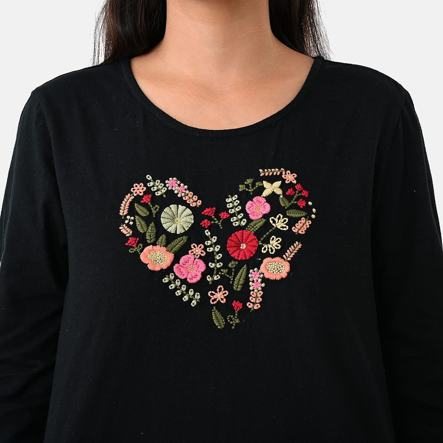 La Marey Cotton Floral Heart Embroidered&nbsp;Full Sleeves T-Shirt 