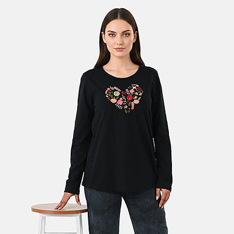 La Marey Cotton Floral Heart Embroidered full Sleve T-Shirt (Size M, 12 to 14) - Black