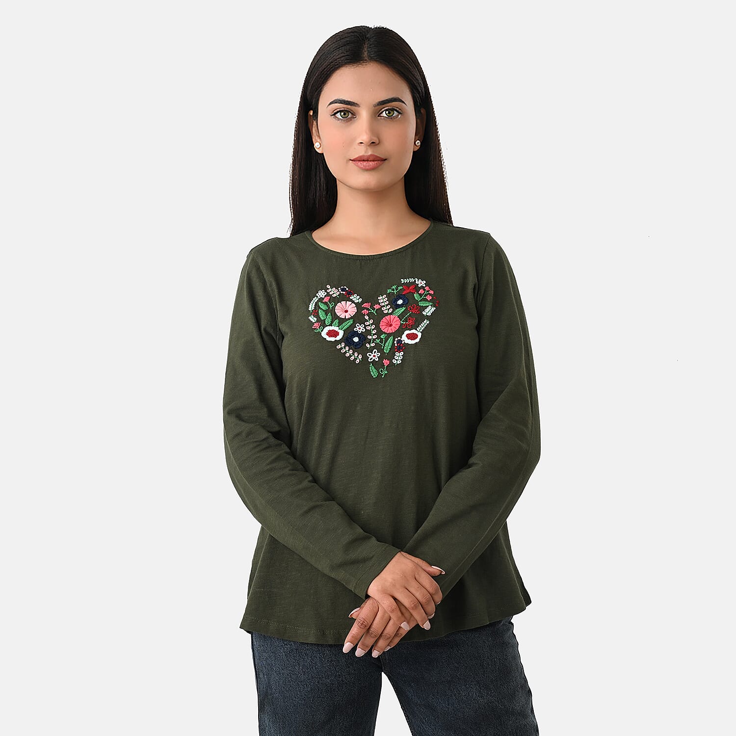 La Marey Cotton Floral Heart Embroidered&nbsp;Full Sleeves T-Shirt 