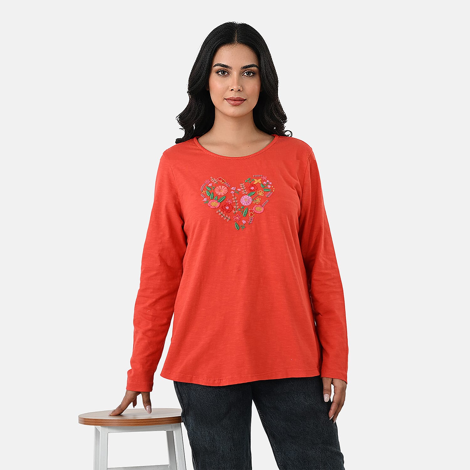 La Marey Cotton Floral Heart Embroidered&nbsp;Full Sleeves T-Shirt 