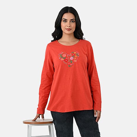 La Marey Cotton Floral Heart Embroidered full Sleve T-Shirt (Size S, 8 to 10) - Red
