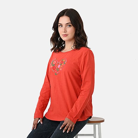 La Marey Cotton Floral Heart Embroidered full Sleve T-Shirt (Size S, 8 to 10) - Red