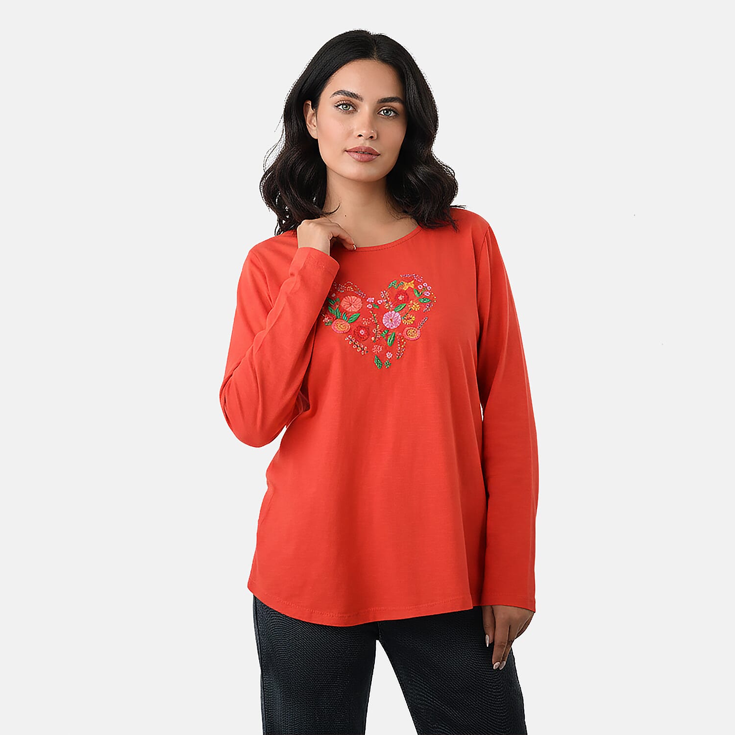 La Marey Cotton Floral Heart Embroidered&nbsp;Full Sleeves T-Shirt 