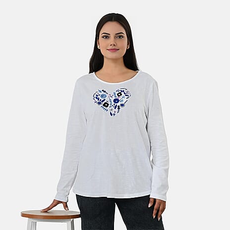 La Marey Cotton Floral Heart Embroidered&nbsp;Full Sleeves T-Shirt (Size S, Fit 8 To 10) - Off White