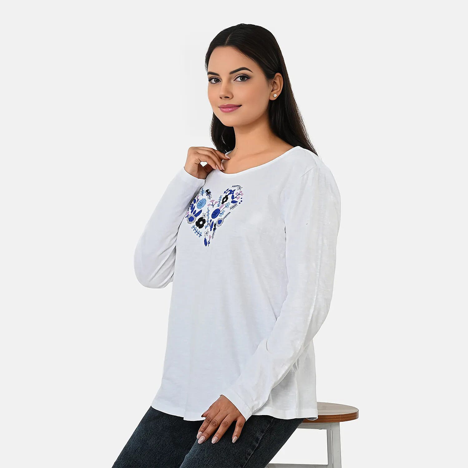 La Marey Cotton Floral Heart Embroidered&nbsp;Full Sleeves T-Shirt 