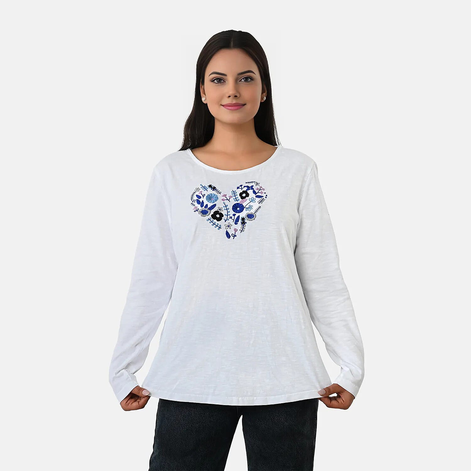 La Marey Cotton Floral Heart Embroidered&nbsp;Full Sleeves T-Shirt 