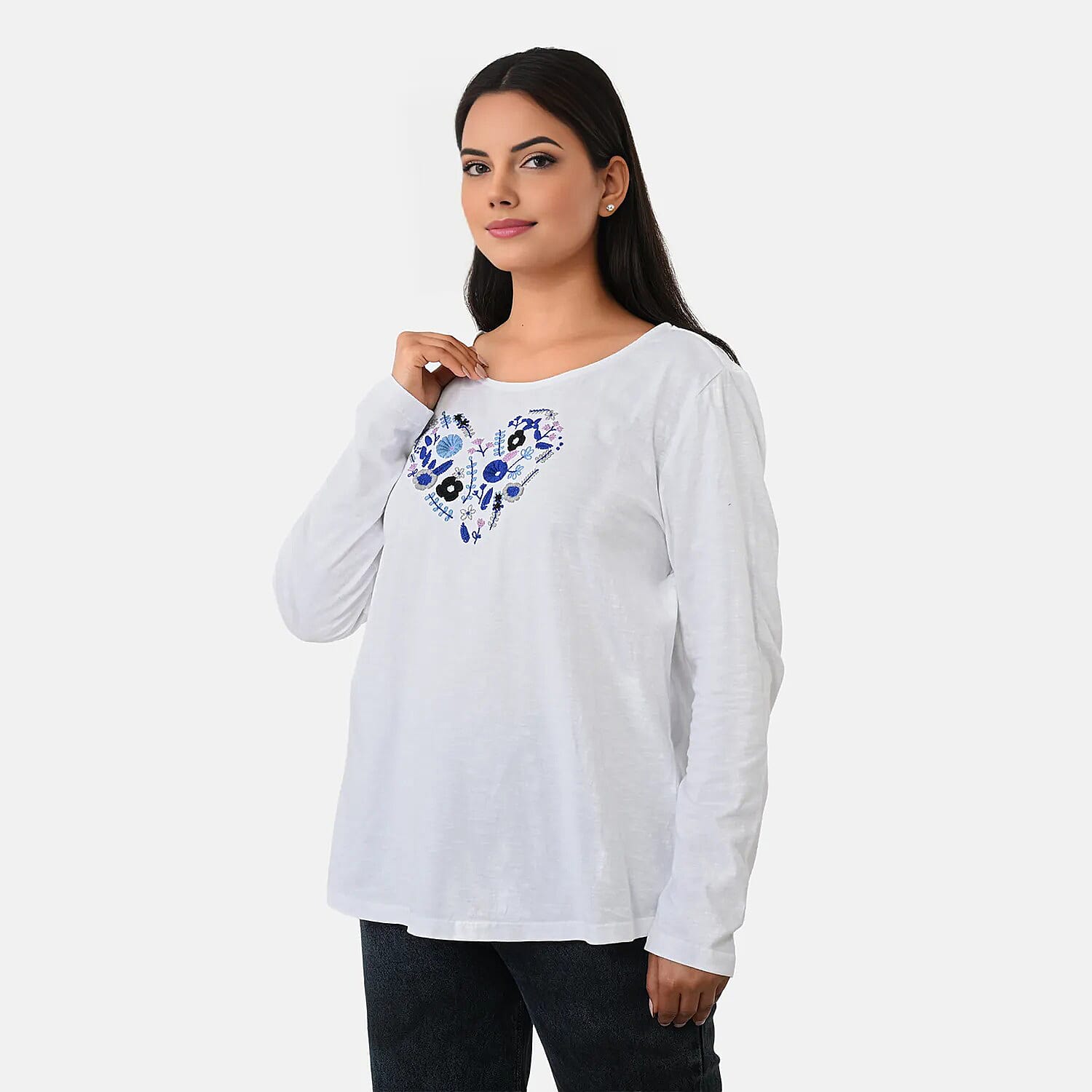 La Marey Cotton Floral Heart Embroidered&nbsp;Full Sleeves T-Shirt 