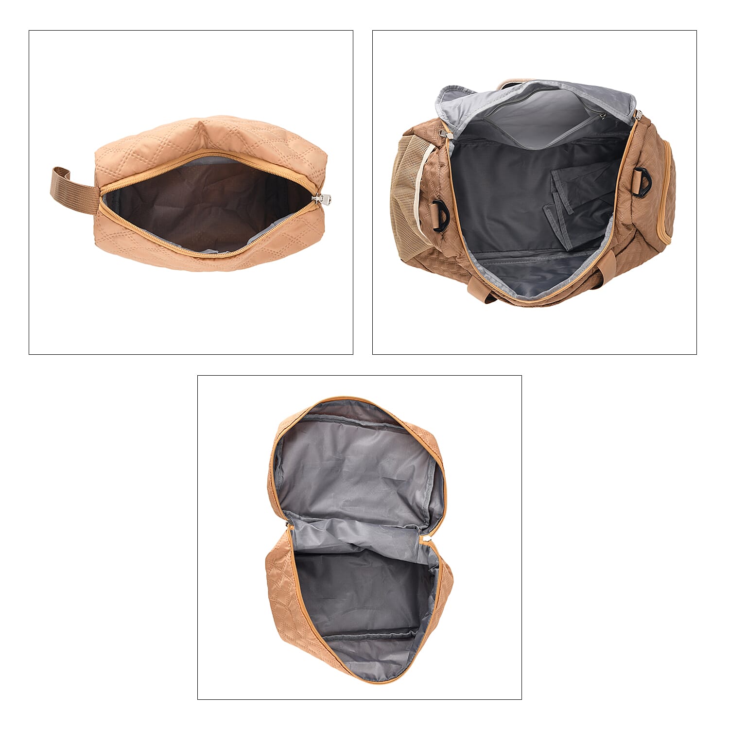3-Piece Quilted Travel Bag Set - Brown
