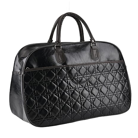 Quilted Weekender Travel Style Duffle Bag with Shoulder Strap - Black