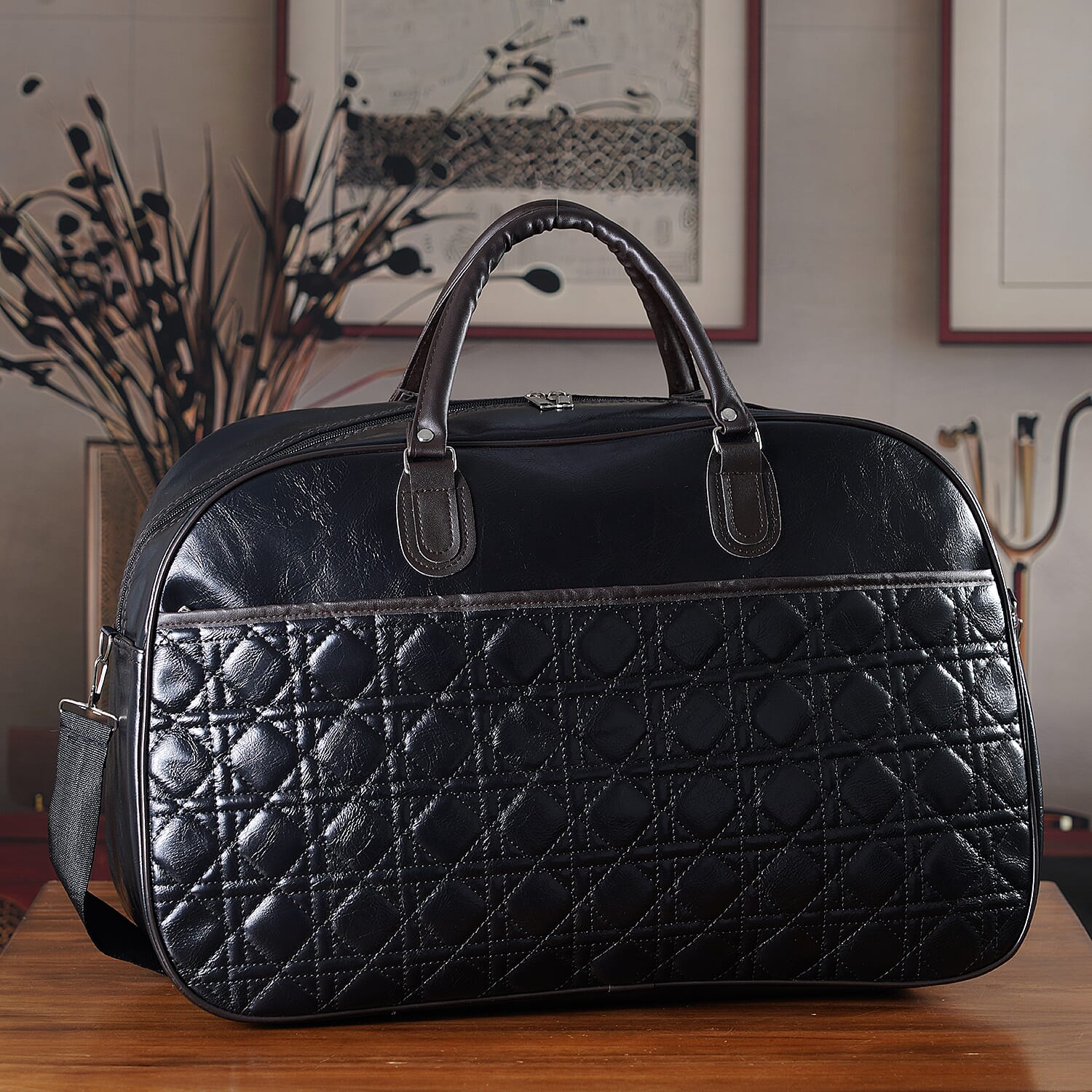 Quilted Weekender Travel Style Duffle Bag with Shoulder Strap - Black