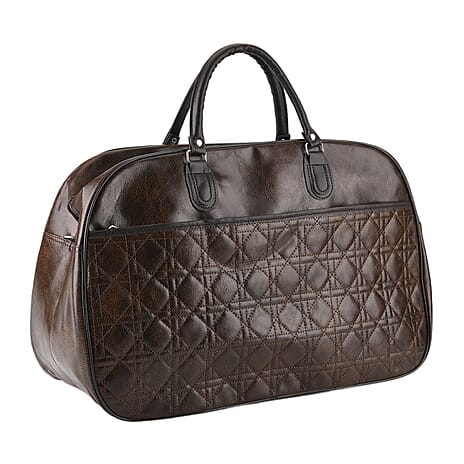 Quilted Weekender Travel Style Duffle Bag with Shoulder Strap - Dark Coffee